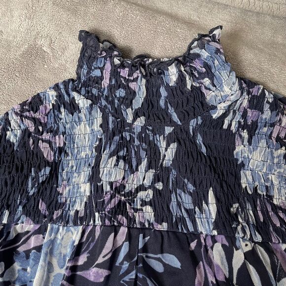 En Focus Studio Dress Womens 8 Navy Blue Purple Floral Smocked Mock Neck - Picture 5 of 16